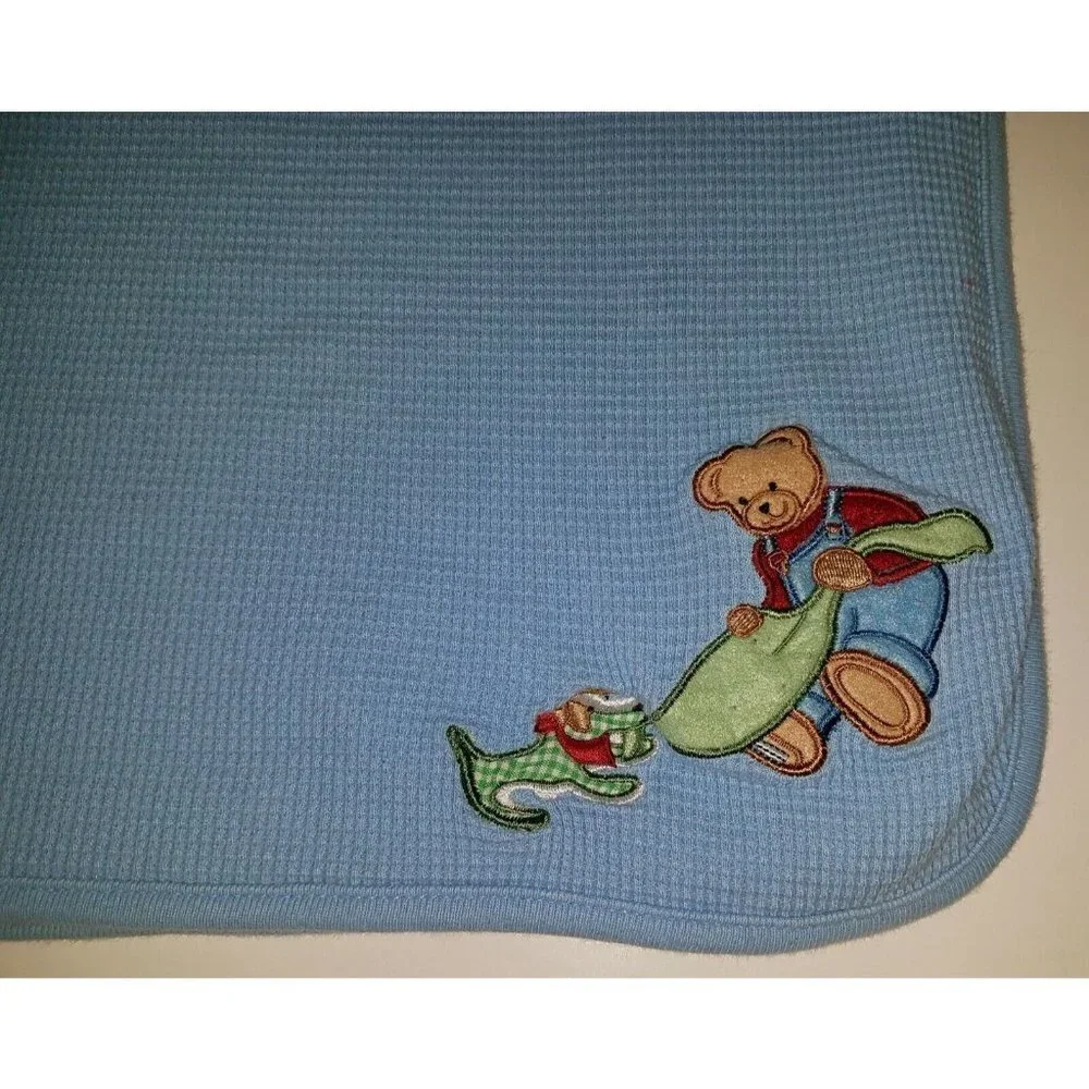 Blue Jean Teddys Bear Waffle Knit Thermal Blanket Dog Baby Boy Lovey SPOT AS IS